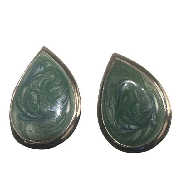 Vintage Tear Drop Swirled Green Enamel Post Back Women’s Earrings - Picture 2 of 4